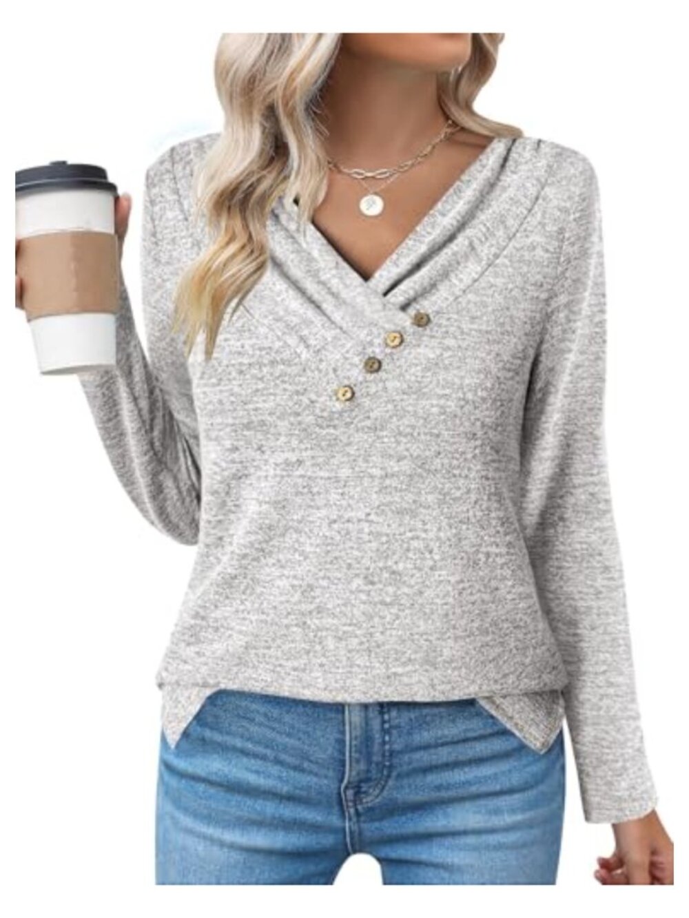 Women's Long Sleeve Tunic Top V Neck Button Loose Fit Pullover Blouse